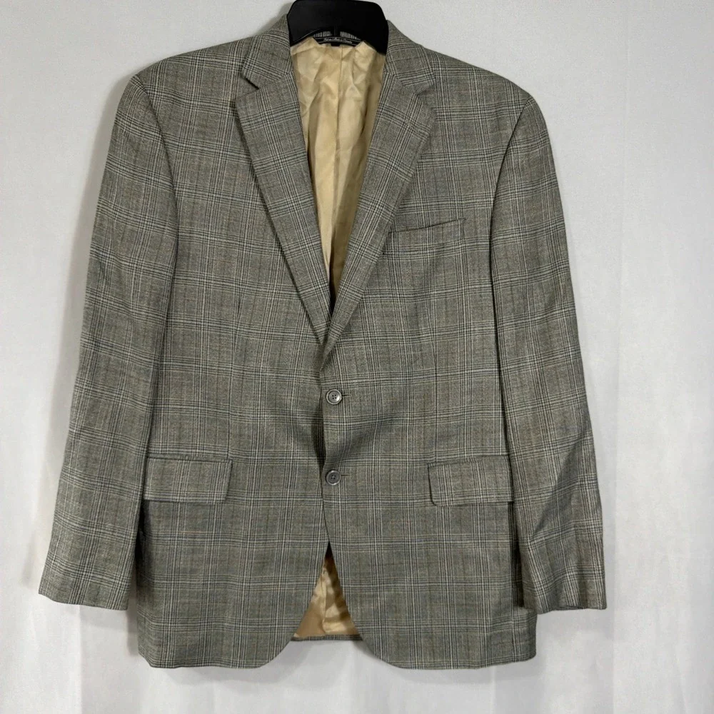 Jack Victor Sport Coat Glen Plaid Bamboo Blazer Grey Tan Mens 42R Blazer